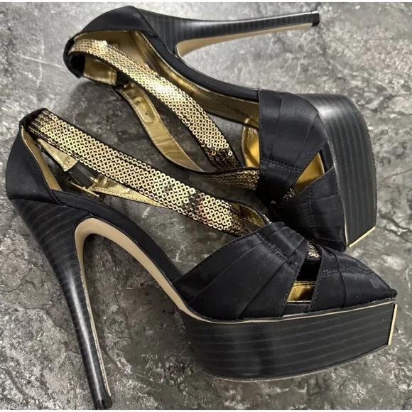 Baby Phat Womens Y2K Rosita Peep Toe Strappy Platform Stilettos Black Gold Sz 7