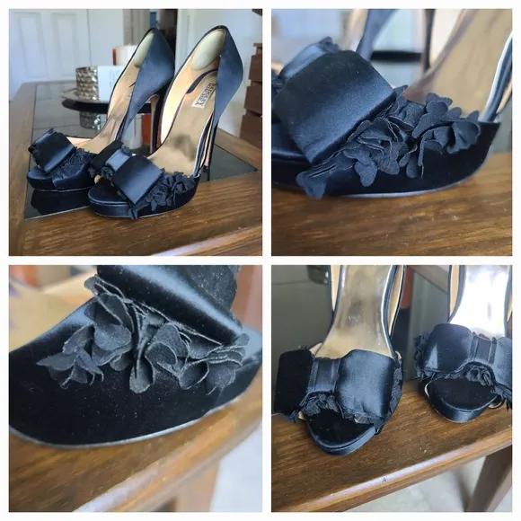 Badgley Mischka Black Satin Peep Toe stiletto high heel  w/ floral bow sz 9