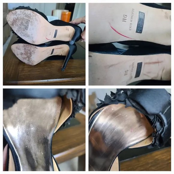 Badgley Mischka Black Satin Peep Toe stiletto high heel  w/ floral bow sz 9