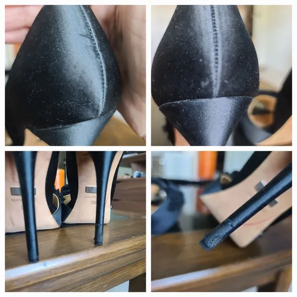 Badgley Mischka Black Satin Peep Toe stiletto high heel  w/ floral bow sz 9
