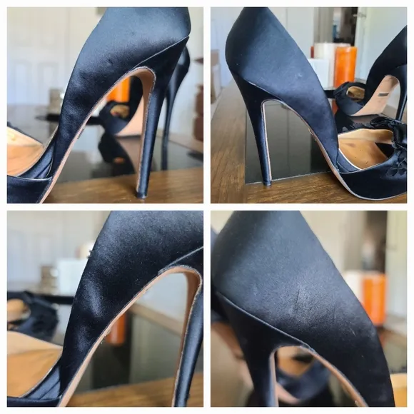 Badgley Mischka Black Satin Peep Toe stiletto high heel  w/ floral bow sz 9