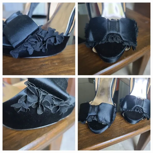 Badgley Mischka Black Satin Peep Toe stiletto high heel  w/ floral bow sz 9