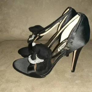 BADGLEY MISCHKA-Black Silk Satin-Jeweled D'Orsay