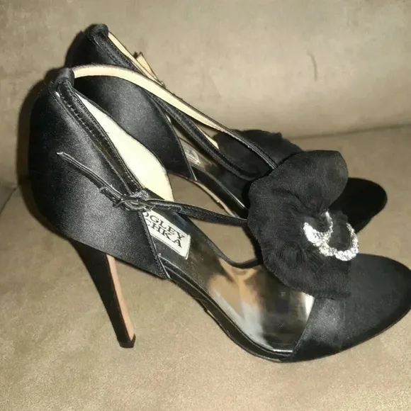 BADGLEY MISCHKA-Black Silk Satin-Jeweled D'Orsay