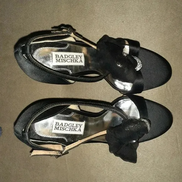 BADGLEY MISCHKA-Black Silk Satin-Jeweled D'Orsay