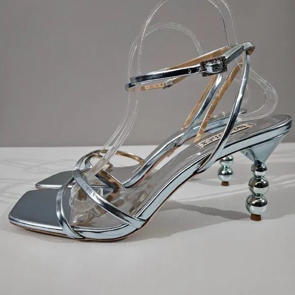 Badgley Mischka Callie Sandal Beaded Pearl Heel Metallic Mint Leather Size 10