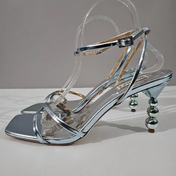 Badgley Mischka Callie Sandal Beaded Pearl Heel Metallic Mint Leather Size 10