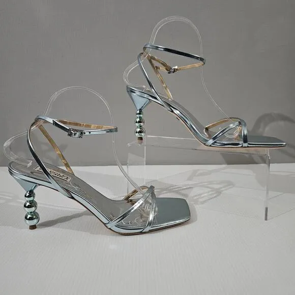 Badgley Mischka Callie Sandal Beaded Pearl Heel Metallic Mint Leather Size 10