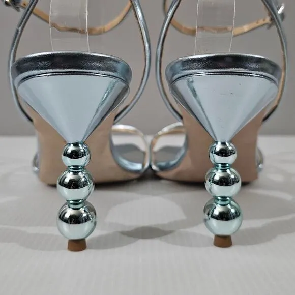 Badgley Mischka Callie Sandal Beaded Pearl Heel Metallic Mint Leather Size 10