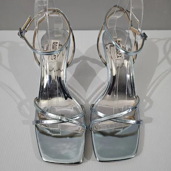 Badgley Mischka Callie Sandal Beaded Pearl Heel Metallic Mint Leather Size 10