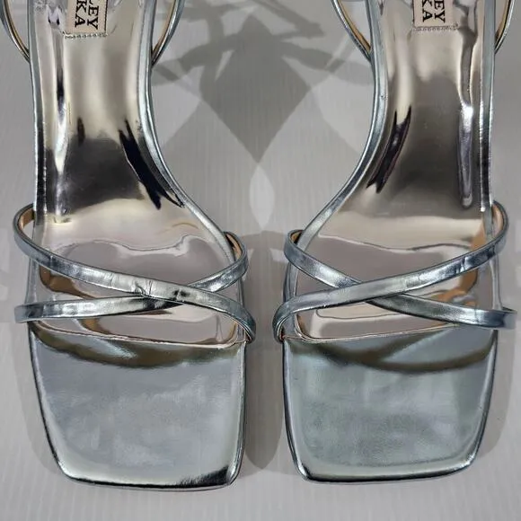 Badgley Mischka Callie Sandal Beaded Pearl Heel Metallic Mint Leather Size 10
