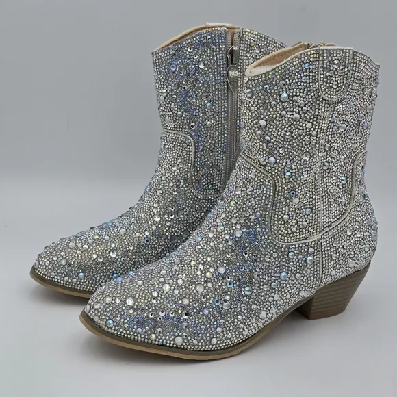 Badgley Mischka Girls’ Sparkly Cowgirl Boots, Silver Rhinestones
