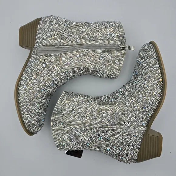 Badgley Mischka Girls’ Sparkly Cowgirl Boots, Silver Rhinestones