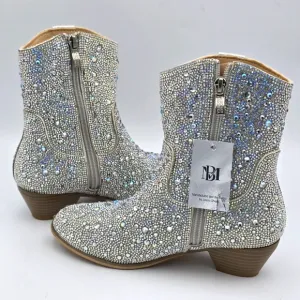 Badgley Mischka Girls’ Sparkly Cowgirl Boots, Silver Rhinestones