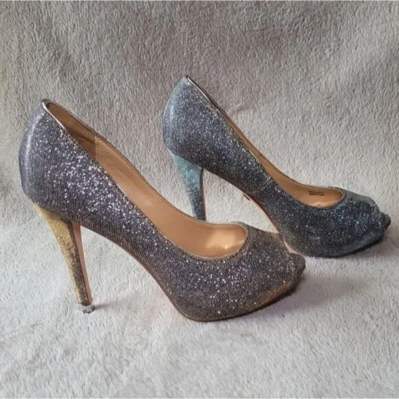 Badgley Mischka Humbie IV Gold Pewter peep toe heels size 7.5