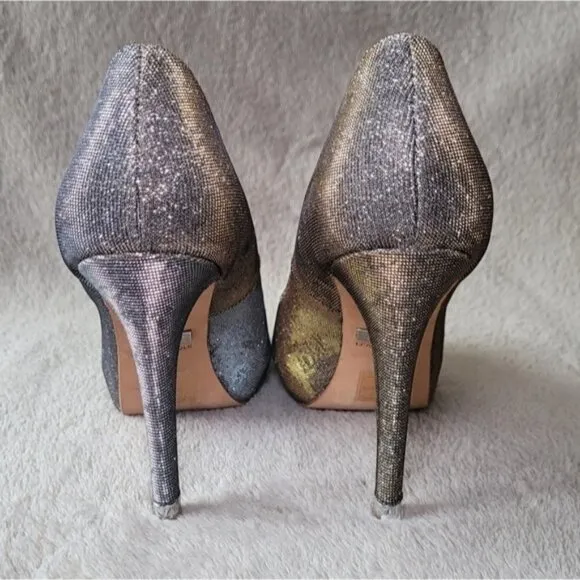 Badgley Mischka Humbie IV Gold Pewter peep toe heels size 7.5