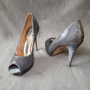 Badgley Mischka Humbie IV Gold Pewter peep toe heels size 7.5