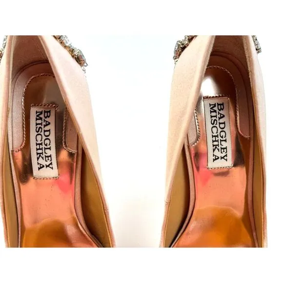 Badgley Mischka Kiara Embellished‎ Peep-toe Pump Women 6.5M NEW $245 Latte Satin
