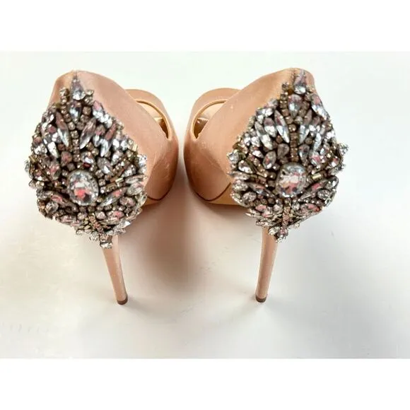 Badgley Mischka Kiara Embellished‎ Peep-toe Pump Women 6.5M NEW $245 Latte Satin