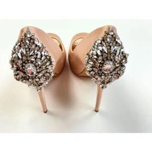 Badgley Mischka Kiara Embellished‎ Peep-toe Pump Women 6.5M NEW $245 Latte Satin