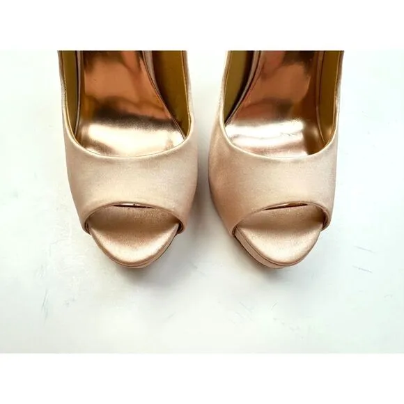 Badgley Mischka Kiara Embellished‎ Peep-toe Pump Women 6.5M NEW $245 Latte Satin