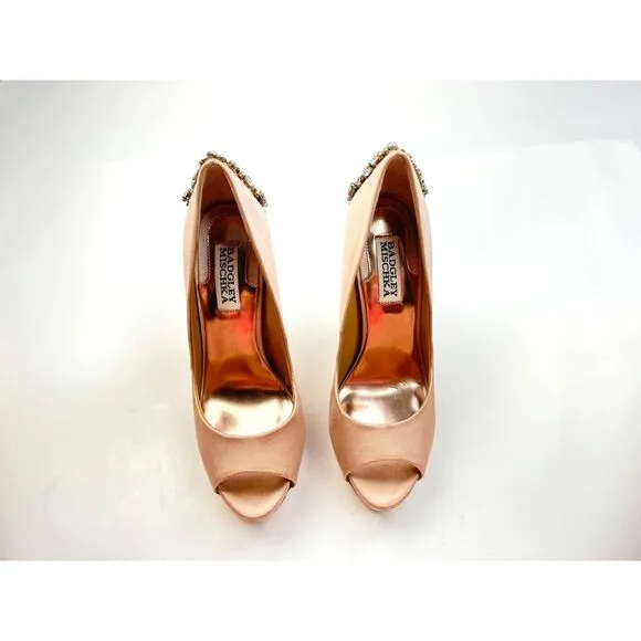 Badgley Mischka Kiara Embellished‎ Peep-toe Pump Women 6.5M NEW $245 Latte Satin