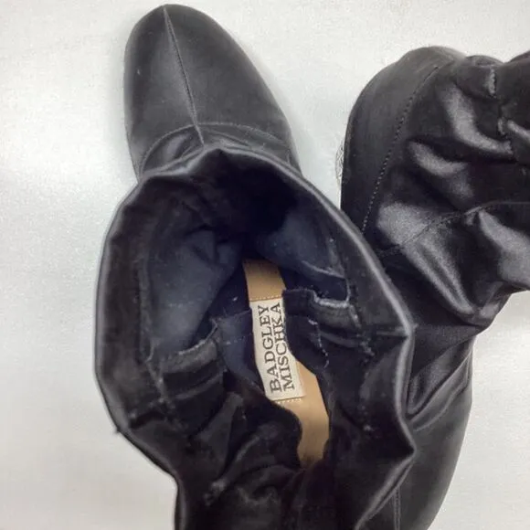 Badgley Mischka Kloe Black Satin Crystal Embellished Black Ankle boots Sizs 6.5