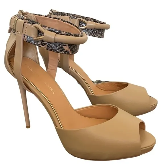 𝅺badgley Mischka Peep-Toe Platform Pumps with Snake Print &amp; Buckle Ankle Strap.