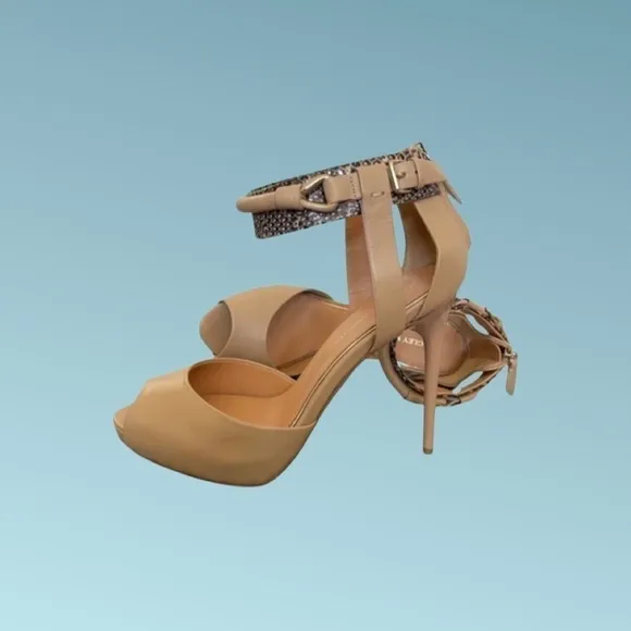 𝅺badgley Mischka Peep-Toe Platform Pumps with Snake Print &amp; Buckle Ankle Strap.