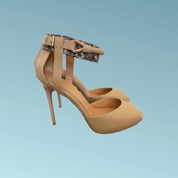 𝅺badgley Mischka Peep-Toe Platform Pumps with Snake Print &amp; Buckle Ankle Strap.