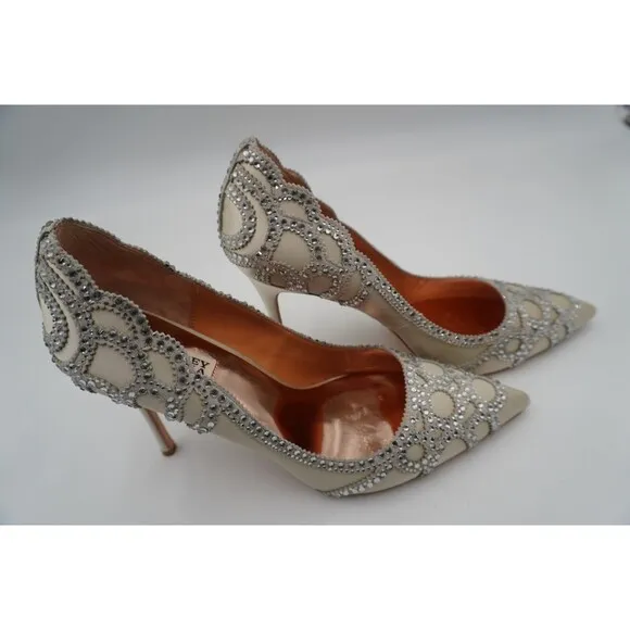 Badgley Mischka Rouge Sating Crystal Embellished Art Deco Pointed Toe Pump Sz 11