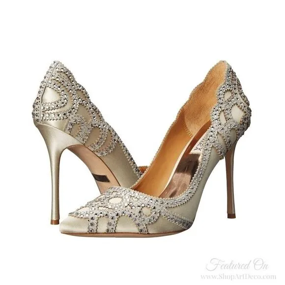 Badgley Mischka Rouge Sating Crystal Embellished Art Deco Pointed Toe Pump Sz 11