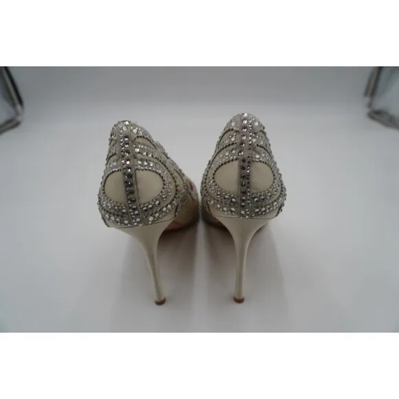 Badgley Mischka Rouge Sating Crystal Embellished Art Deco Pointed Toe Pump Sz 11