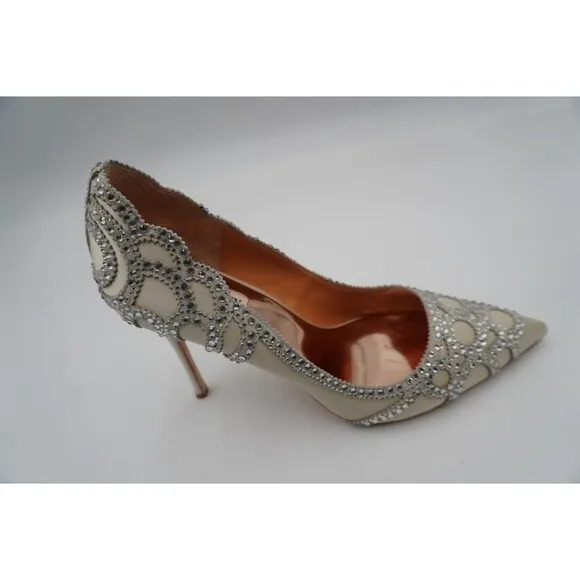 Badgley Mischka Rouge Sating Crystal Embellished Art Deco Pointed Toe Pump Sz 11