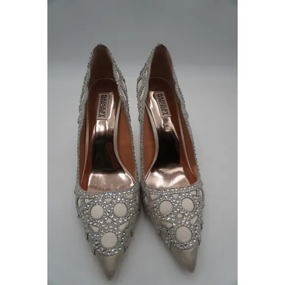 Badgley Mischka Rouge Sating Crystal Embellished Art Deco Pointed Toe Pump Sz 11