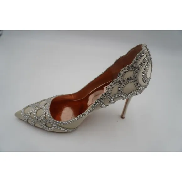 Badgley Mischka Rouge Sating Crystal Embellished Art Deco Pointed Toe Pump Sz 11