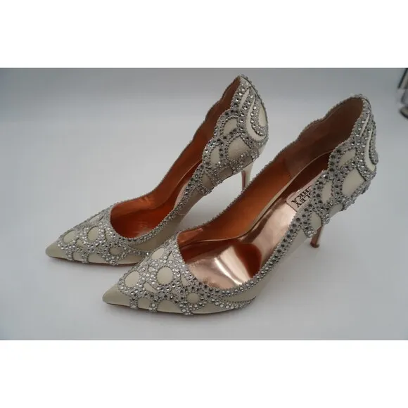 Badgley Mischka Rouge Sating Crystal Embellished Art Deco Pointed Toe Pump Sz 11