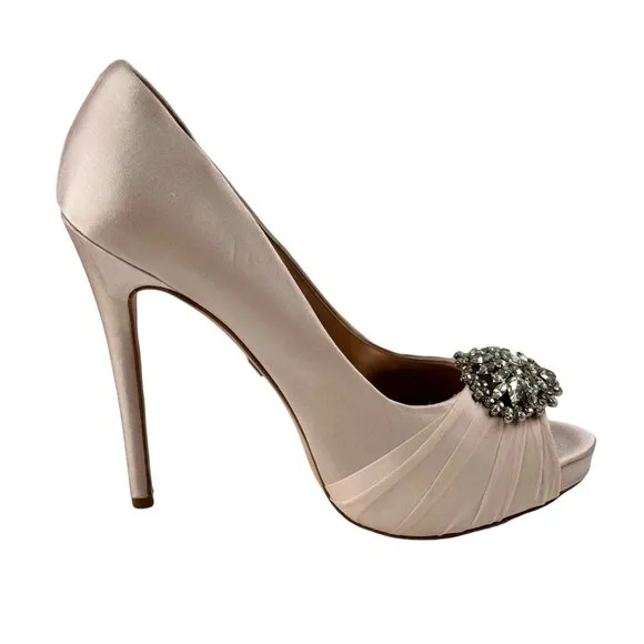 Badgley Mischka Women's Pettal Pnksat Pumps Peep Toe Satin Shoes Heels Size 7.5