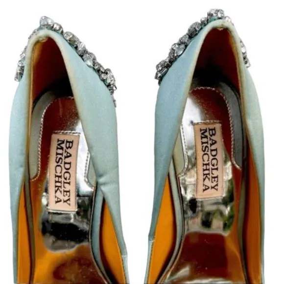 Badgley Misckha Aqua Satin &amp; Leather Crystal Jeweled Peep Toe Heels Shoes SZ 7.5