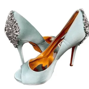 Badgley Misckha Aqua Satin &amp; Leather Crystal Jeweled Peep Toe Heels Shoes SZ 7.5