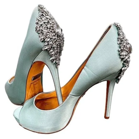 Badgley Misckha Aqua Satin &amp; Leather Crystal Jeweled Peep Toe Heels Shoes SZ 7.5