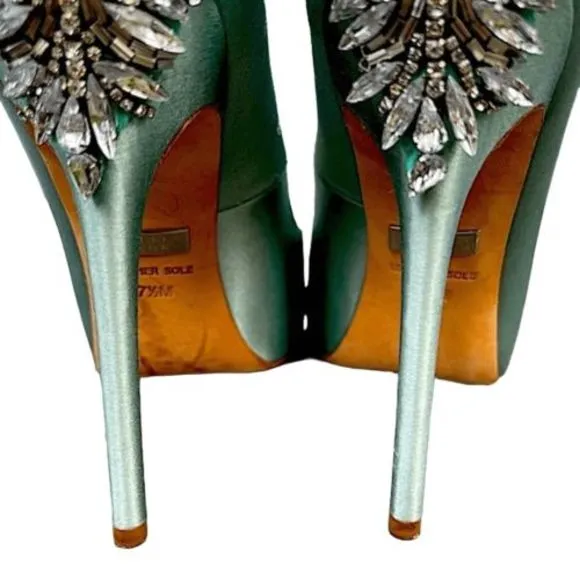 Badgley Misckha Aqua Satin &amp; Leather Crystal Jeweled Peep Toe Heels Shoes SZ 7.5