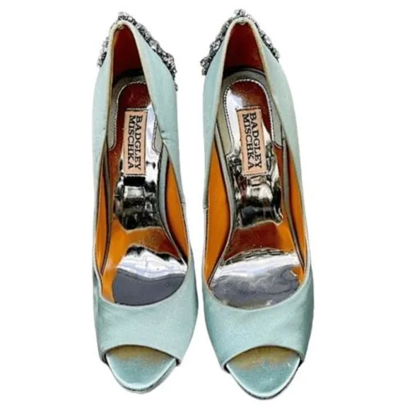 Badgley Misckha Aqua Satin &amp; Leather Crystal Jeweled Peep Toe Heels Shoes SZ 7.5