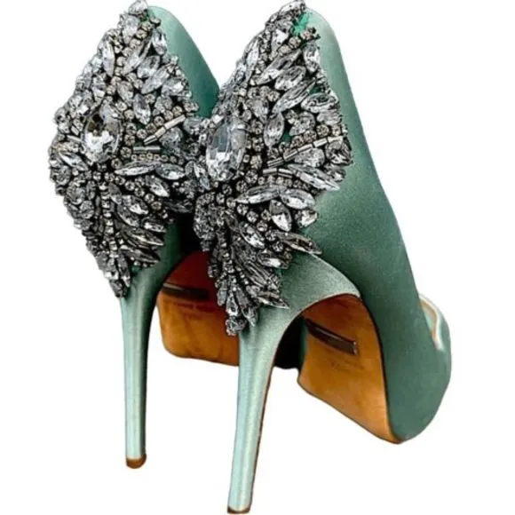 Badgley Misckha Aqua Satin &amp; Leather Crystal Jeweled Peep Toe Heels Shoes SZ 7.5