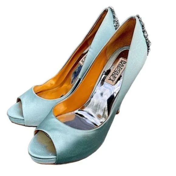Badgley Misckha Aqua Satin &amp; Leather Crystal Jeweled Peep Toe Heels Shoes SZ 7.5