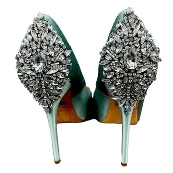 Badgley Misckha Aqua Satin &amp; Leather Crystal Jeweled Peep Toe Heels Shoes SZ 7.5