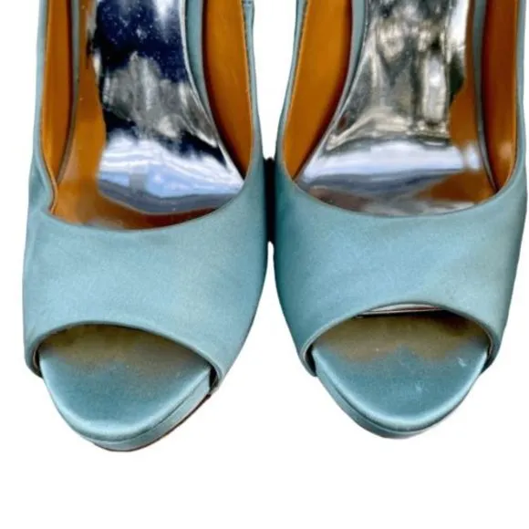 Badgley Misckha Aqua Satin &amp; Leather Crystal Jeweled Peep Toe Heels Shoes SZ 7.5