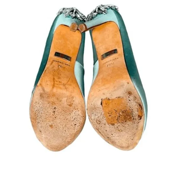 Badgley Misckha Aqua Satin &amp; Leather Crystal Jeweled Peep Toe Heels Shoes SZ 7.5