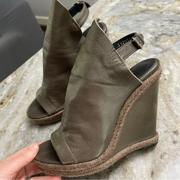 Balenciaga Glove Espadrille Leather Sandals Wedge Dark Olive Green Color 37