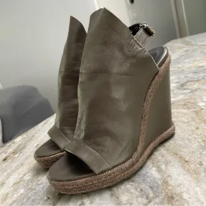 Balenciaga Glove Espadrille Leather Sandals Wedge Dark Olive Green Color 37